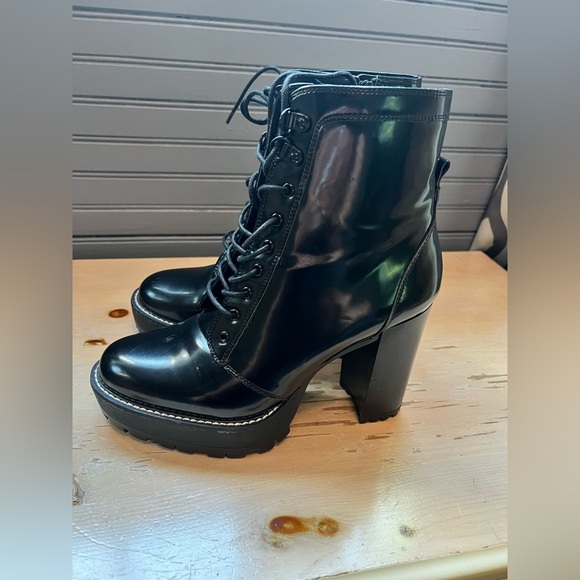 Black Bershka boots Women’s Block Heels Platform Patent Ankle Combat Boots - Picture 12 of 14